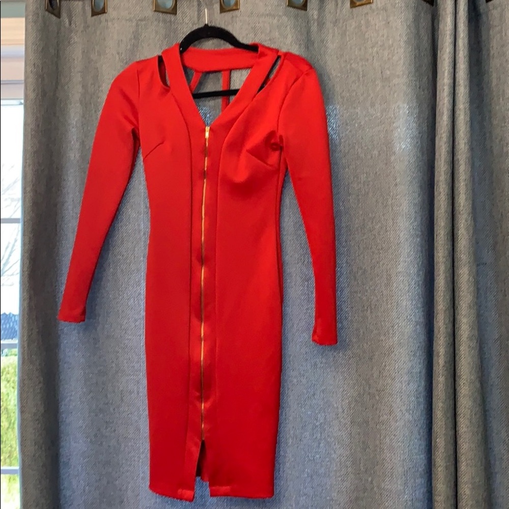 Red Scuba dress with gold zipper by Swank Blue